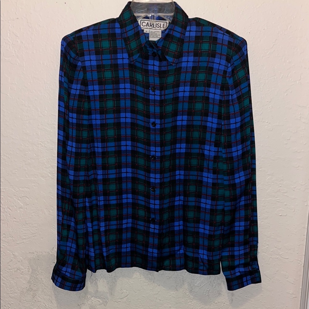 Vintage Silk Plaid Blouse with shoulder pads - Picture 2 of 6
